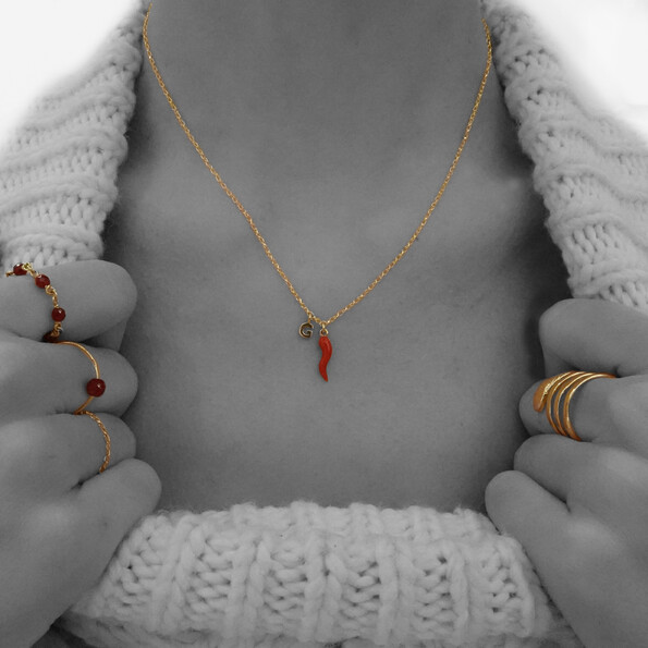Micro initial and red chili pepper necklace in 18kt solid gold