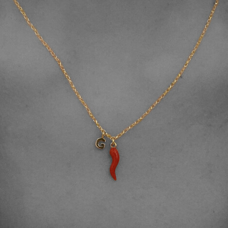 Micro initial and red chili pepper necklace in 18kt solid gold
