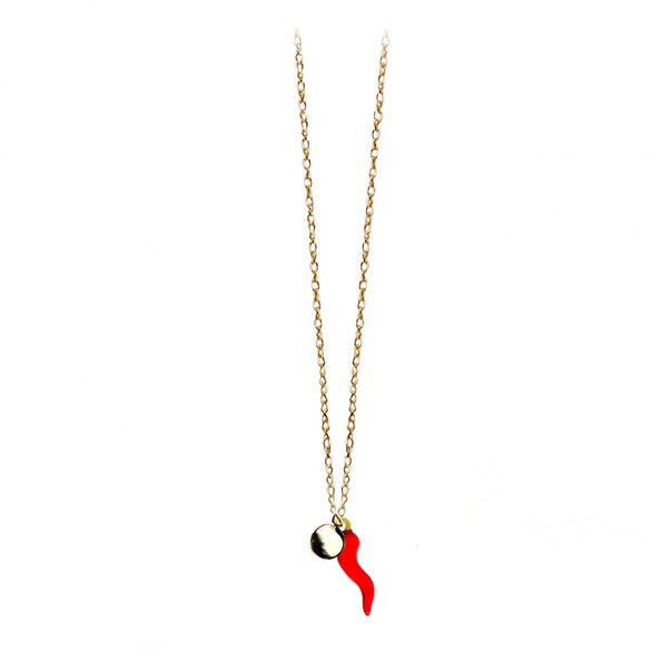 Chili pepper and disk short necklace in 18kt gold