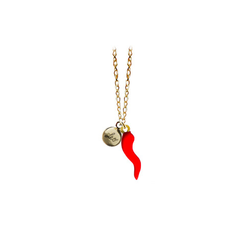 Chili pepper and disk short necklace in 18kt gold