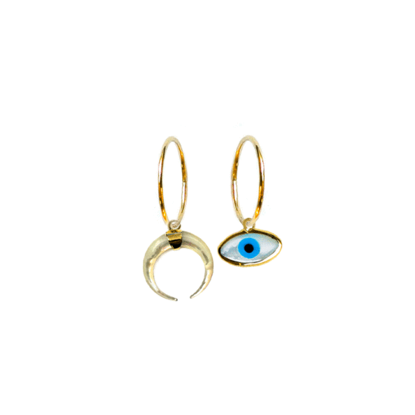 Crescent moon and oval eye hoops in 18kt solid gold