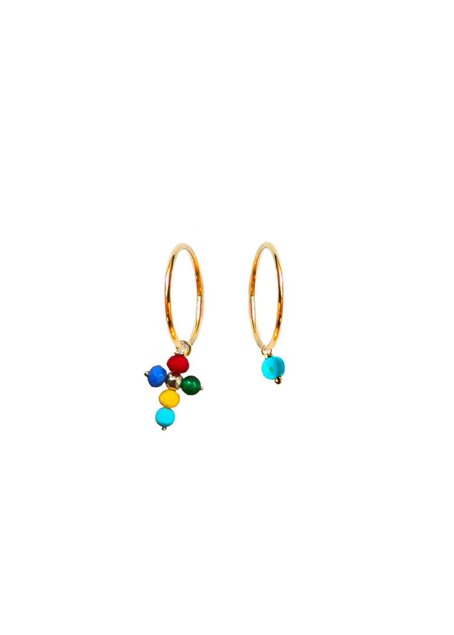 Multicolor cross and turquoise hoops in 18kt solid gold