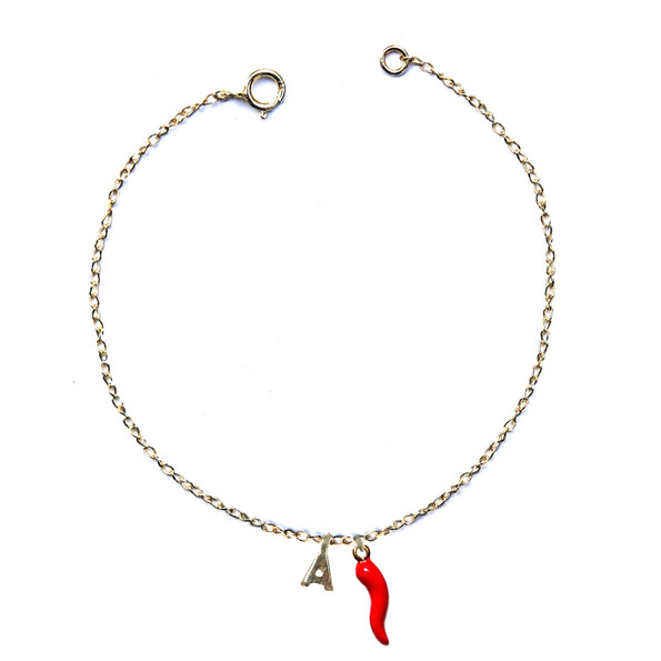 Micro initial and chili pepper bracelet in 18kt solid gold
